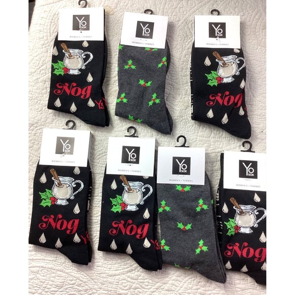 Lot of 7 Yo Sox Womens Festive Eggnog & Holly Socks Size 6-10 Cotton Blend*NWT - Picture 1 of 6
